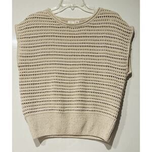 Joie Top Sweater Sleeveless Womens Medium Beige Open Knit Sheer Gold Sequin